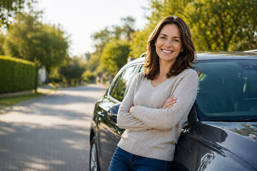 Woman confidently leaning on her car